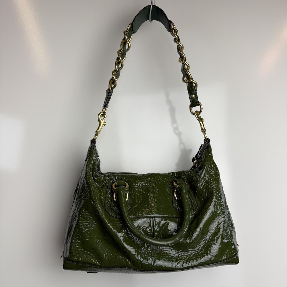 Coach Satchel Bag Womens Medium Green Patent Leather Chain Strap Gold Hardware - Picture 8 of 11